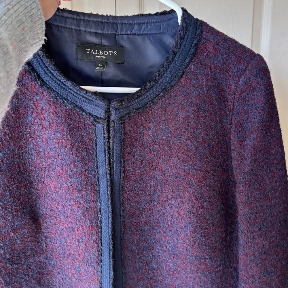 Talbots Tweed wool blend navy trim Womens Dark purple  Blazer suit jacket 8P EUC